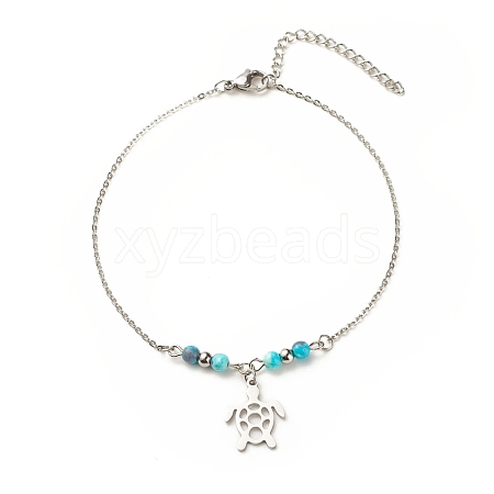 304 Stainless Steel Turtle Charm Anklet with Round Natural White Jade Beads for Women AJEW-AN00498-04-1