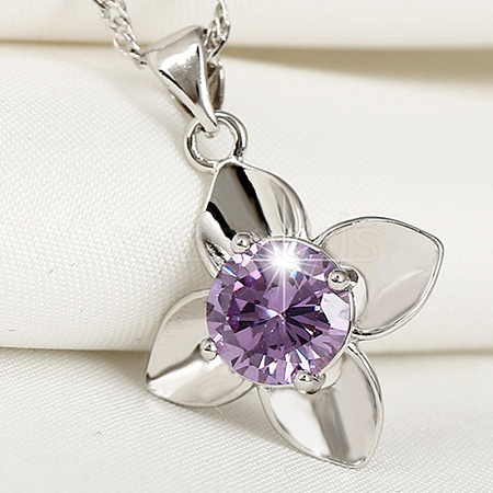 Flower Real Platinum Plated Brass Cubic Zirconia Pendants ZIRC-R014-24-1