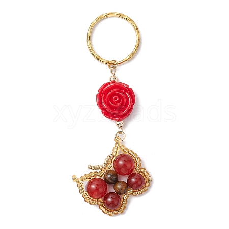 Butterfly Glass Seed & Natural Carnelian & Natural Tiger Eye Beaded Keychain KEYC-MZ00022-1