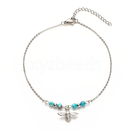 304 Stainless Steel Bees Charm Anklet with Round Natural White Jade Beads for Women AJEW-AN00498-02-1