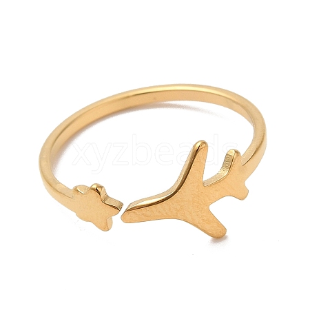 Ion Plating(IP) 304 Stainless Steel Star & Airplane Open Cuff Ring for Women RJEW-M149-12G-1