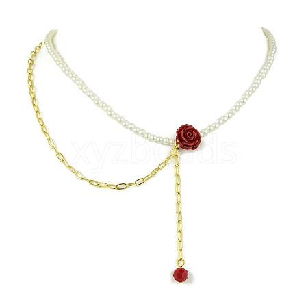 ABS Plastic Imitation Pearl Beaded Red Flower Synthetic Coral Pendant Necklaces NJEW-JN04991-1