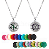 2Pcs 2 Styles Stainless Steel Flat Round with Flower Essential Oil Diffuser Locket Pendant Necklaces for Women NJEW-HS0001-17-1