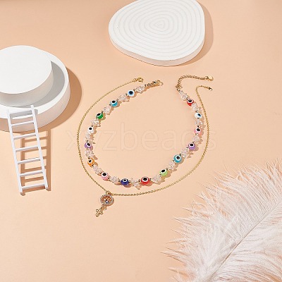 2Pcs 2 Style Natural Quartz Crystal Chips & Resin Evil Eye Beaded Necklaces Set NJEW-JN04027-1