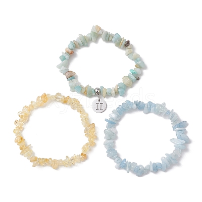 3Pcs 3 Styles Natural Citrine & Flower Amazonite & Aquamarine Aventurine Chips Stretch Bracelets Sets BJEW-JB11076-05-1