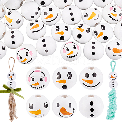 Round Christmas Snowman Print Wood European Beads WOOD-PH0003-25-1