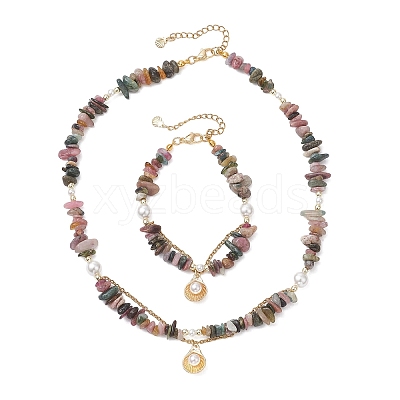 Natural Multicolor Tourmaline Chips Beads Necklaces & Bracelets Sets for Women SJEW-JS01372-02-1