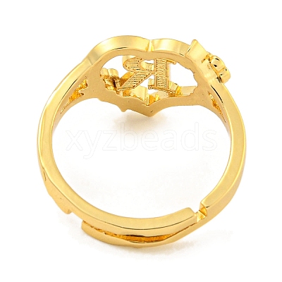 Heart with Letter & Flower Rack Plating Brass Adjustable Rings for Women RJEW-I105-05G-R-1