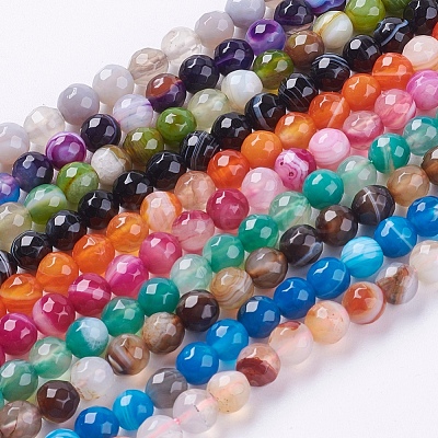 Faceted Round Dyed Natural Striped Agate/Banded Agate Beads Strands G-G581-6mm-M-1