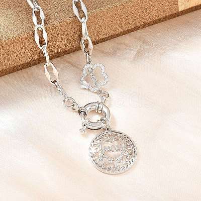 Mother's Day Brass Micro Pave Clear Cubic Zirconia Hollow Flat Round with Heart Mama Pendant Necklaces for Women NJEW-A071-05P-1