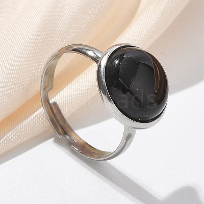 Half Round Natural Black Agate Finger Rings X-RJEW-M062-01P-05-1
