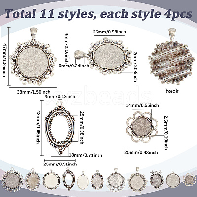 44Pcs 11 Styles Tibetan Style Pendant Cabochon Settings TIBE-SC0002-12-1