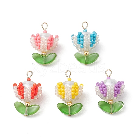 Handmade Nylon Wired Glass Beaded Pendants with Glass Pearl Round Bead and 304 Stainless Steel Flat Head Pins PALLOY-MZ00505-1