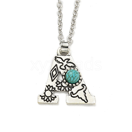 Letter A~Z Antique Silver Plated Alloy with Synthetic Turquoise Pendant Necklaces NJEW-G080-01A-1