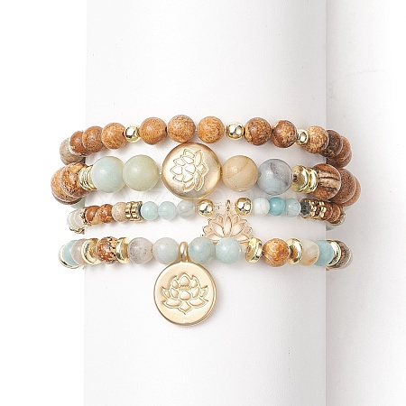 Natural Flower Amazonite & Picture Jasper Beaded Stretch Bracelets Sets with Non-Magnetic Synthetic Hematite BJEW-JB09280-1