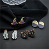 Halloween Whitch Hat Ghost Cat Wood Stud Earring Sets EJEW-OY002-03-1