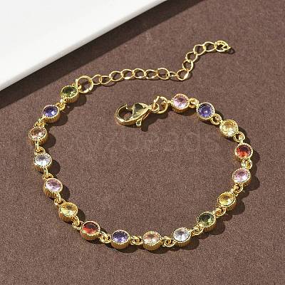 Flat Round Brass Pave Cubic Zirconia Link Chain Bracelets for Women BJEW-P385-01G-1