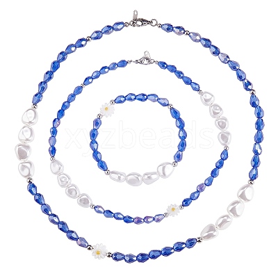 3Pcs Natural Shell & Plastic Pearl Flower & Glass Beaded Necklaces and Stretch Bracelet Set SJEW-SW00010-03-1