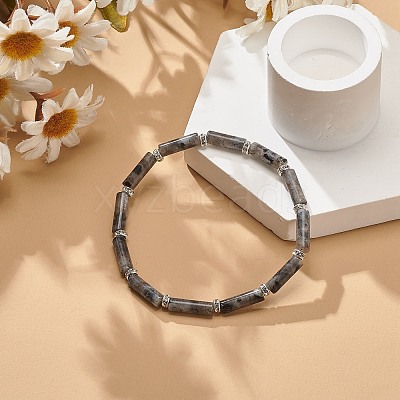 Natural Larvikite Column Beaded Stretch Bracelet BJEW-JB08989-03-1