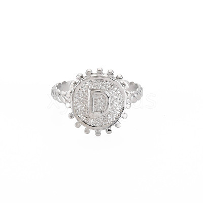 Non-Tarnish 304 Stainless Steel Flat Round with Initial Letter Open Cuff Ring for Men Women RJEW-S405-246P-D-1