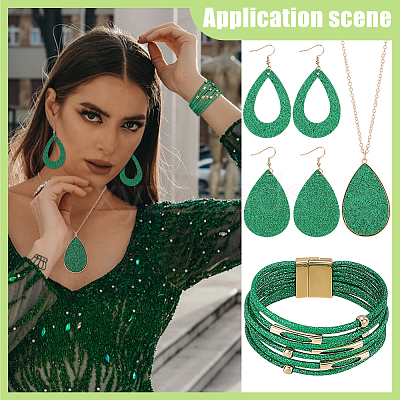Imitation Leather Teardrop Pendant Necklace & Dangle Earrings & Multi-Strand Bracelet SJEW-UN0001-18B-1
