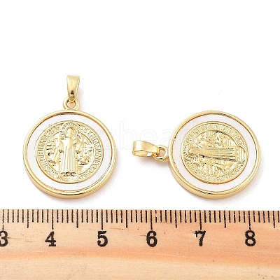 Rack Plating Brass Pave Shell Flat Round Pendants KK-C063-17G-1