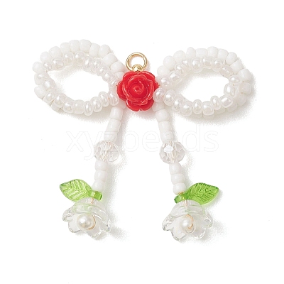 Glass Seed Beaded Bowknot & Flower Pendants PALLOY-MZ01220-02-1