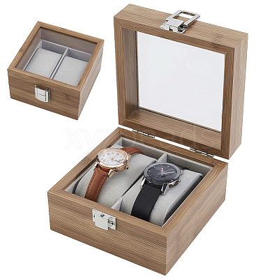 2-Slot Wooden Watch Display Cases with Glass Window Lid and Velvet Pillow Inside CON-WH0043-306A-1
