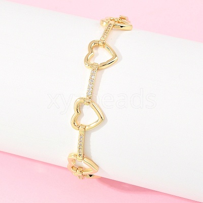 Heart Brass Micro Pave Clear Cubic Zirconia Link Chain Bracelets for Women BJEW-T025-01G-1