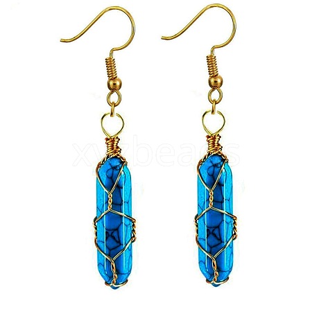 Turquoise Hexagon Handmade Copper Wire Wrapped Earrings Natural Stone Column Earrings ND6138-10-1