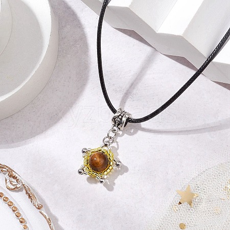 Natural Tiger Eye & Glass Seed Beaded Star Pendant Necklaces NJEW-MZ00085-01-1