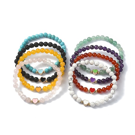 Natural & Synthetic Gemstone Round Beaded Stretch Bracelets BJEW-JB09881-1