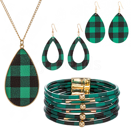 Tartan Pattern Imitation Leather Teardrop Pendant Necklace & Dangle Earrings & Multi-Strand Bracelet JX529C-1