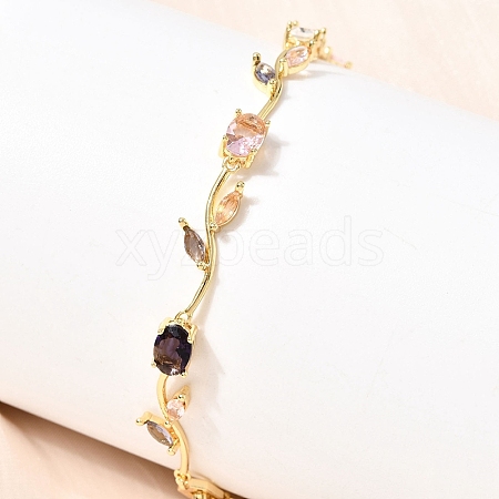 Leaf Brass Micro Pave Cubic Zirconia Link Chain Bracelets for Women BJEW-D455-01G-05-1
