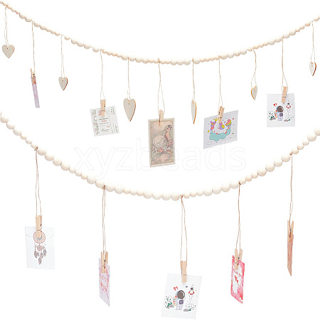 GOMAKERER 2Pcs 2 Styles Wall Hanging Photo Display with Wooden Beads Garland WOOD-GO0001-02-1