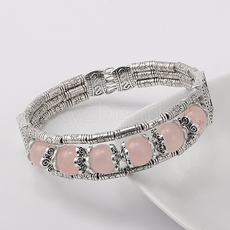 Tibetan Style Antique Silver Alloy Natural Rose Quartz Gemstone Bracelets X-BJEW-JB01649-03-1