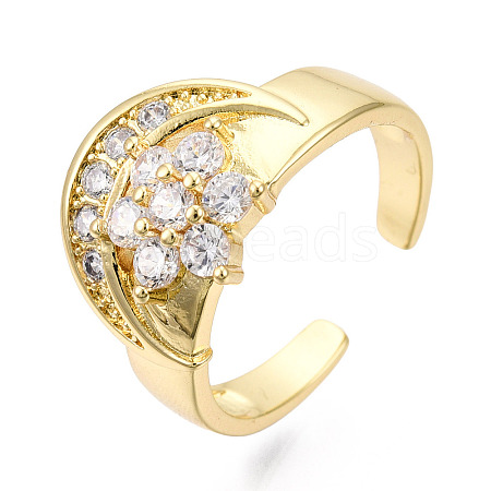 Cubic Zirconia Moon with Flower Open Cuff Ring RJEW-N037-039F-1