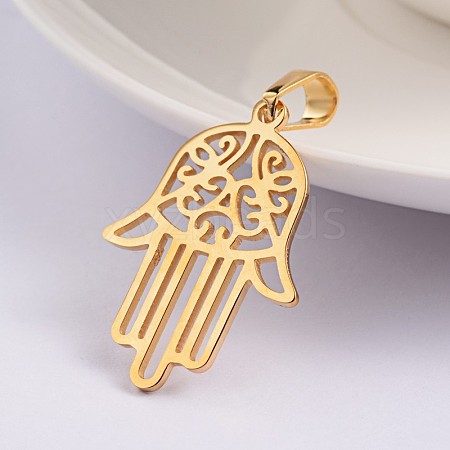 Hamsa Hand/Hand of Fatima/Hand of Miriam Ion Plating(IP) 304 Stainless Steel Pendants STAS-F016-18G-1