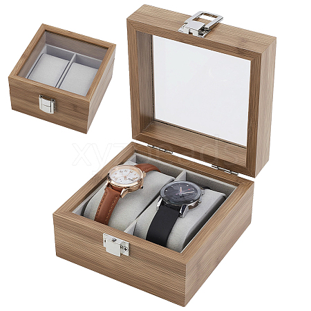 2-Slot Wooden Watch Display Cases with Glass Window Lid and Velvet Pillow Inside CON-WH0043-306A-1