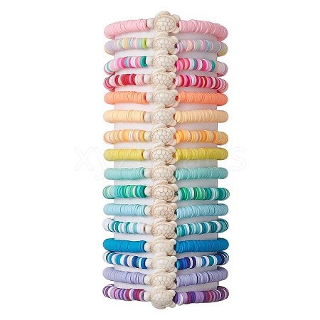 16Pcs 16 Colors Dyed Synthetic Turquoise and Handmade Polymer Clay Beaded Stretch Bracelets Sets BJEW-JB10763-1