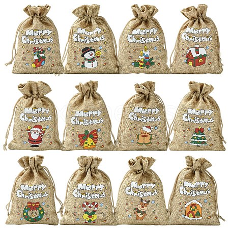 12Pcs 12 Styles Christmas Printed Burlap Packing Pouches Drawstring Bags ABAG-FS0001-03A-1