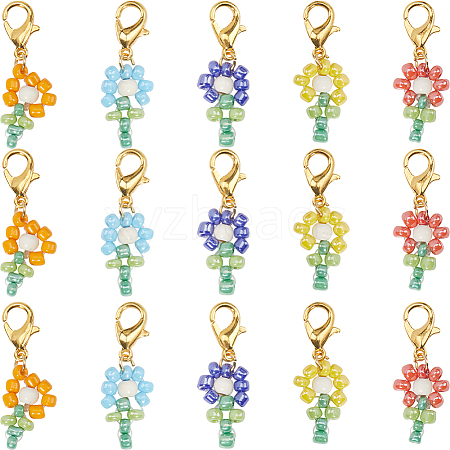 SUNNYCLUE 30Pcs Dyed Synthetic Turquoise & Glass Seed Beaded Flower Pendant Locking Stitch Markers HJEW-SC0001-55-1