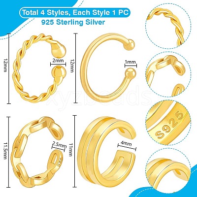 4Pcs 4 Styles 925 Sterling Silver Cuff Earrings EJEW-PH0001-38G-1