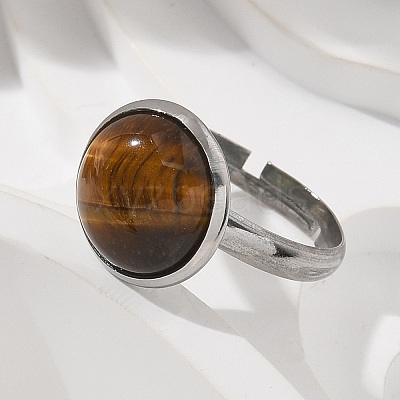 Half Round Natural Tiger Eye Finger Rings RJEW-M062-01P-08-1