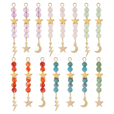 15Pcs 5 Colors Natural Carnelian & Green Aventurine & Rose Quartz & Amethyst & Apatite Faceted Round Beaded Pendants PALLOY-CA00041-1