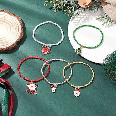 5Pcs Christmas Alloy Enamel Charm Bracelets BJEW-JB12409-1