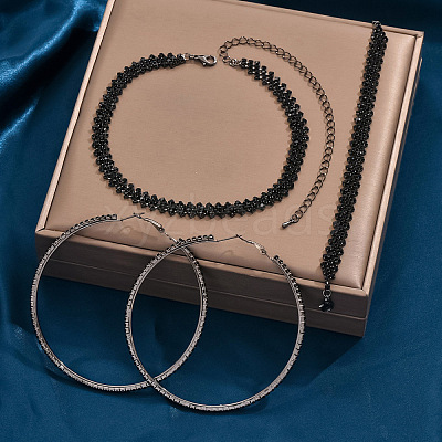 Alloy with Jet Rhinestone Chain Necklace & Hoop Earring & Bracelet FS-WG9D127-02-1