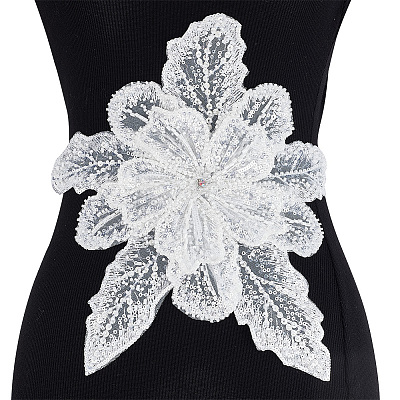 3D Flower Glass Beaded Gauze Cloth Sew on Appliques PATC-WH0008-93A-1