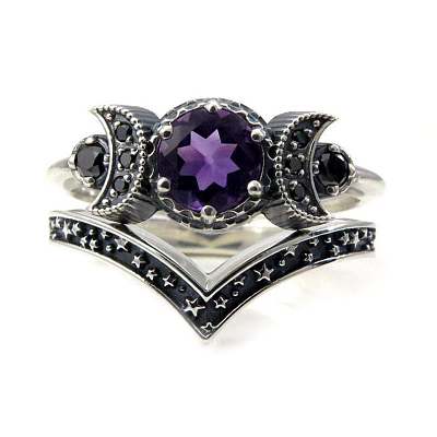 Gothic Purple Crystal Ring with Triple Moon Goddess - Black Diamond Jewelry for Women ST2578231-1