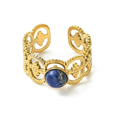 Natural Gemstone Flower 304 Stainless Steel Cuff Open Rings for Women RJEW-JR01067-1